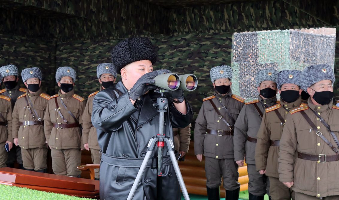 HANDOUT - 29 February 2020, North Korea, ---: A photo released by the official North Korean Central News Agency (KCNA) shows North Korean leader Kim Jong Un (C) following a military exercise of the Korean People's Army. Photo: -/KCNA/dpa - ATTENTION: editorial use only and only if the credit mentioned above is referenced in full