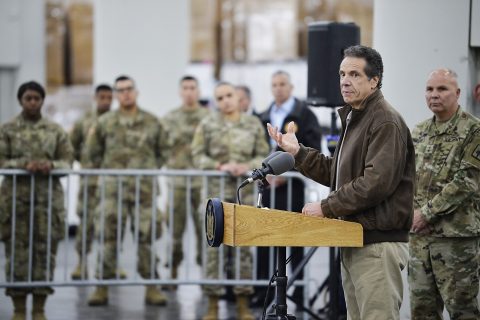 24/03/2020 March 23, 2020 - New York, New York, United States: NY Governor Andrew Cuomo and the National Guard arrive at the Jacob Javits Center to begin the construction of a temporary FEMA hospital as the corona virus grips New York City. The convention center will be come a temporary "medical surge space" that could house 3,500 hospital beds. (Matthew McDermott / Contacto) POLITICA INTERNACIONAL Matthew McDermott
