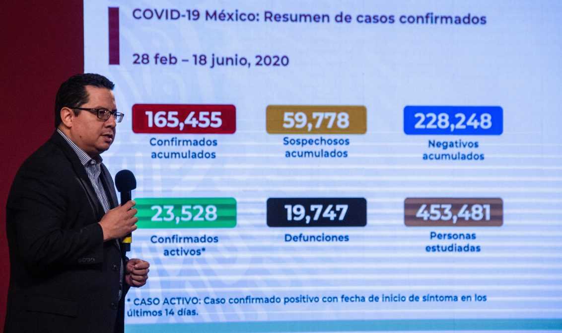 CIUDAD DE MÉXICO, 18JUNIO2020.- Hugo López-Gatell Ramírez, subsecretario de Prevención y Promoción de la Salud; José Luis Alomía Zegarra, director de Epidemiología y Ricardo Cortés Alcalá, director general de Promoción de la Salud, durante la conferencia de informe COVID-19 en Palacio Nacional. FOTO: ANDREA MURCIA/CUARTOSCURO.COM