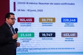CIUDAD DE MÉXICO, 18JUNIO2020.- Hugo López-Gatell Ramírez, subsecretario de Prevención y Promoción de la Salud; José Luis Alomía Zegarra, director de Epidemiología y Ricardo Cortés Alcalá, director general de Promoción de la Salud, durante la conferencia de informe COVID-19 en Palacio Nacional. FOTO: ANDREA MURCIA/CUARTOSCURO.COM