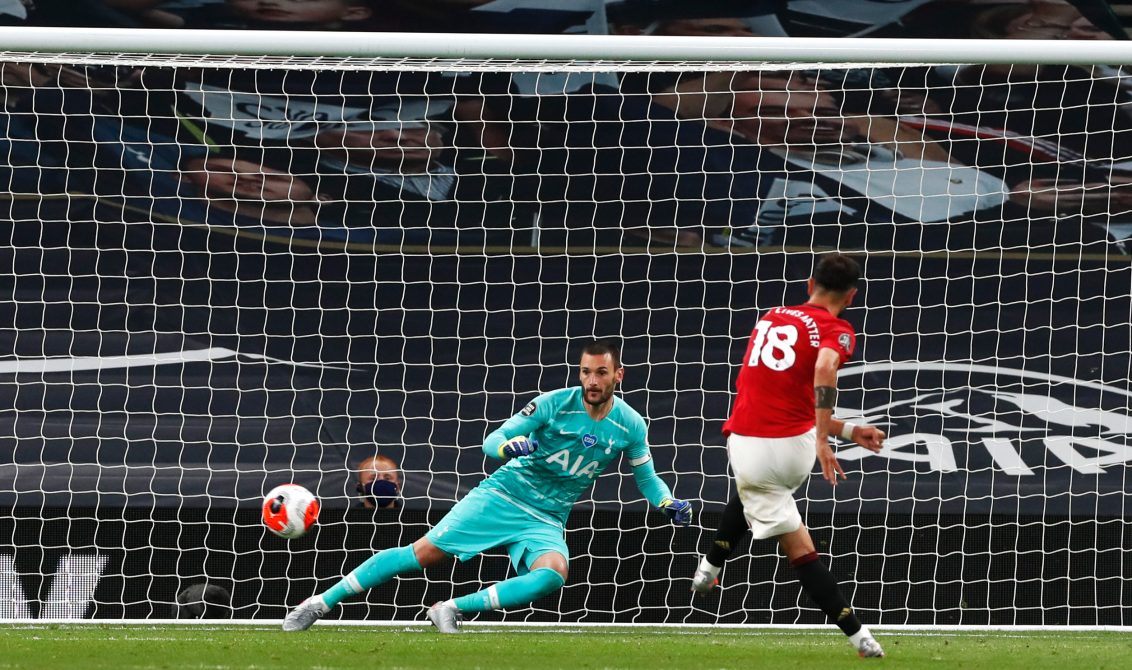 dpatop - 19 June 2020, England, London: Manchester United's Bruno Fernandes scores his side's first goal during the English Premier League soccer match between Tottenham Hotspur and Manchester United at the Tottenham Hotspur Stadium. Photo: Matt Childs/Nmc Pool/PA Wire/dpa