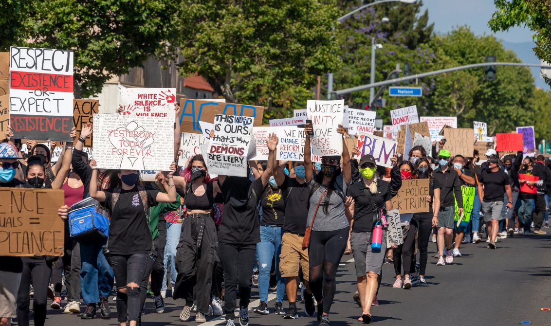 03 June 2020, US, Garden Grove: Hundreds of protesters march down Garden Grove Boulevard against the violent death of the African-American George Floyd by a white policeman in Minneapolis last week. Photo: Leonard Ortiz/Orange County Register via ZUMA/dpa