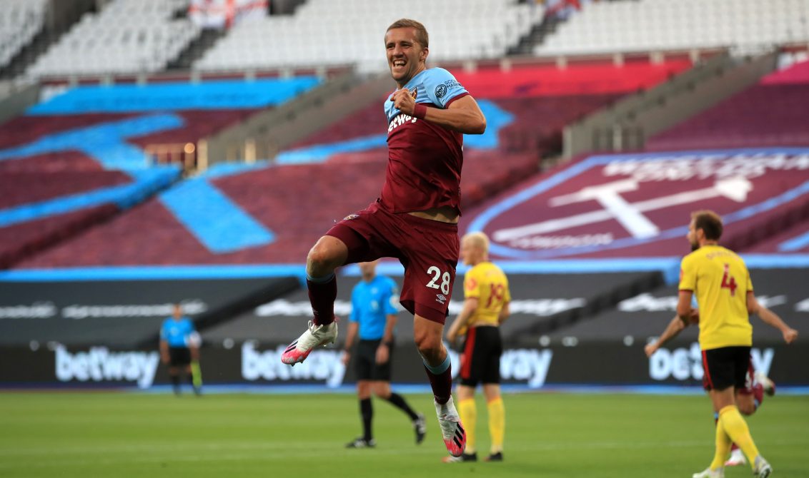 17 July 2020, England, London: West Ham United's Tomas Soucek celebrates scoring his side's second goal during the English Premier League soccer match between West Ham United and Watford at the London Stadium. Photo: Adam Davy/Nmc Pool/PA Wire/dpa