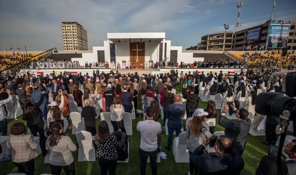07 March 2021, Iraq, Erbil: Pope Francis leads a mass at Erbil's Franso Hariri Stadium as part of his visit to the autonomous Kurdistan Region in northern Iraq. Pope Francis arrived in Iraq on Friday for the first ever papal visit to the Middle Eastern country, a place where the Christian community has dwindled amid years of war. Photo: STR/dpa