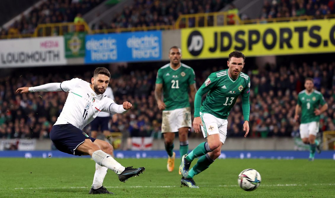 15 November 2021, United Kingdom, Belfast: Italy's Domenico Berardi in action during the 2022 FIFA World Cup European qualifiers Group C soccer match between Northern Ireland and Italy at Windsor Park Stadium. Photo: Liam Mcburney/PA Wire/dpa