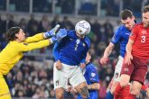 12 November 2021, Italy, Rome: Italy's Giovanni di Lorenzo (C) scores his side's first goal during the 2022 FIFA World Cup European Qualifiers Group C soccer match between Italy and Switzerland at the Olimpico stadium. Photo: Alfredo Falcone/LaPresse via ZUMA Press/dpa