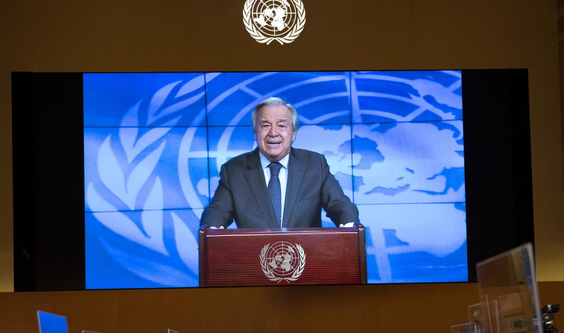 HANDOUT - 28 February 2022, Switzerland, Geneva: UN Secretary-General Antonio Guterres delivers a video message at the 49th regular session of the Human Rights Council of the United Nations (UN). Photo: Jean Marc Ferré/UN Photo/dpa - ATTENTION: editorial use only and only if the credit mentioned above is referenced in full
