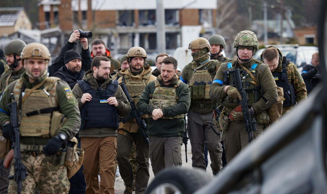 04 April 2022, Ukraine, Bucha: Ukrainian President Volodymyr Zelensky visits the town of Bucha in Kyiv Region, where mass killings of civilians occurred during the occupation by Russian troops. Photo: President Of Ukraine/ZUMA Press Wire Service/dpa