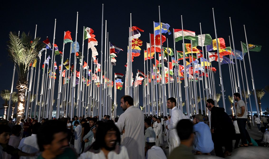 19 November 2022, Qatar, Doha: Flags of competing nations wave in the wind on the Flag Plaza, ahead of the 2022 FIFA Qatar World Cup. Photo: Robert Michael/dpa