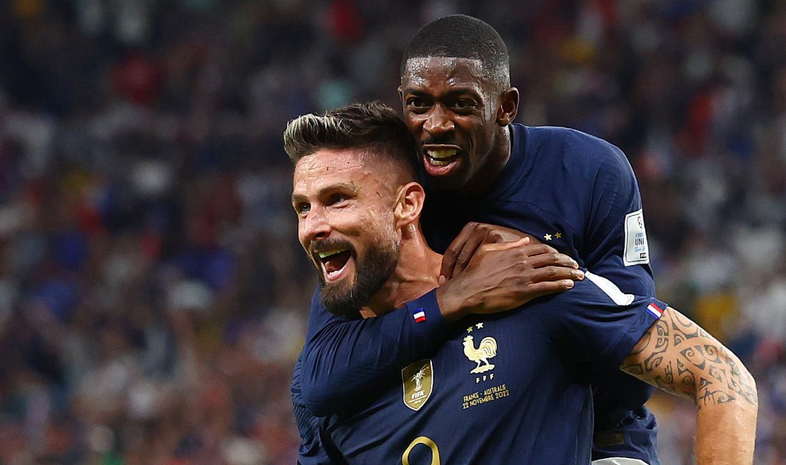 22 November 2022, Qatar, Al Wakrah: France's Olivier Giroud (L) celebrates scoring his side's second goal with teammate Ousmane Dembele during the FIFA World Cup Qatar 2022 Group D soccer match between France and Australia at Al Janoub Stadium. Photo: Tom Weller/dpa