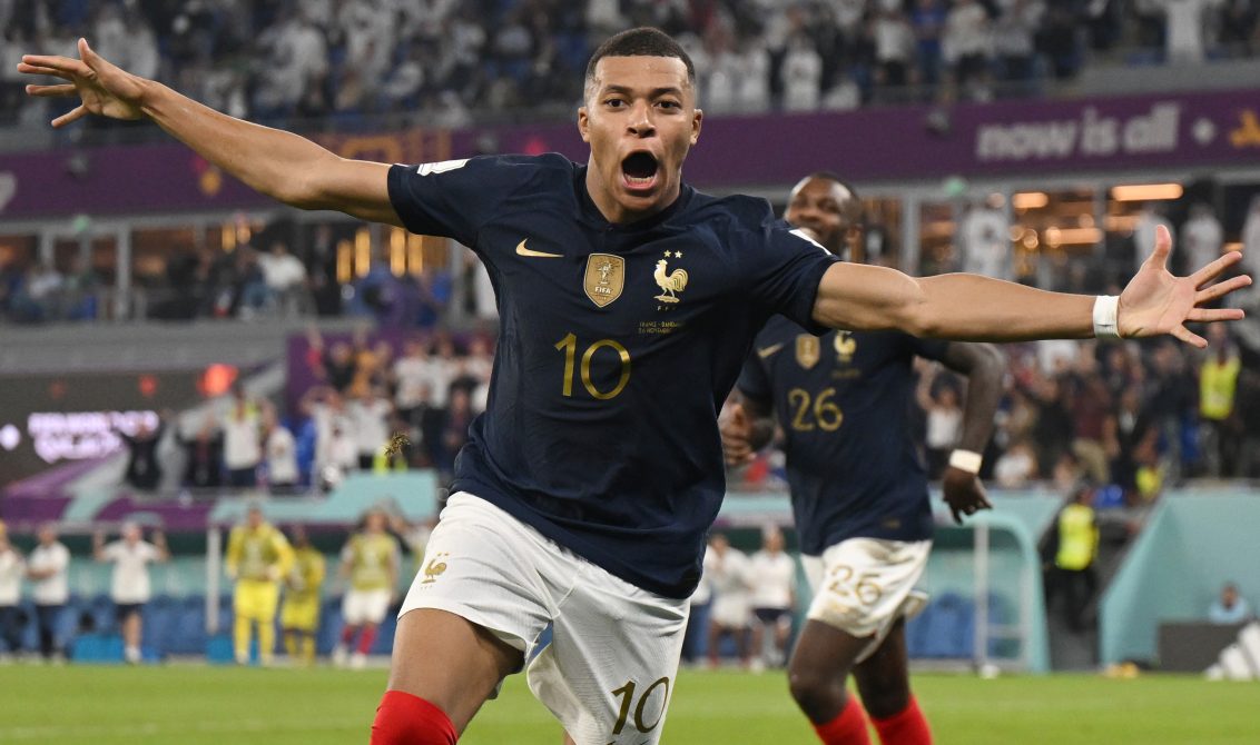 26 November 2022, Qatar, Doha: France's Kylian Mbappe celebrates scoring his side's second goal during the FIFA World Cup Qatar 2022 Group D soccer match between France and Denmark at Stadium 974. Photo: Robert Michael/dpa