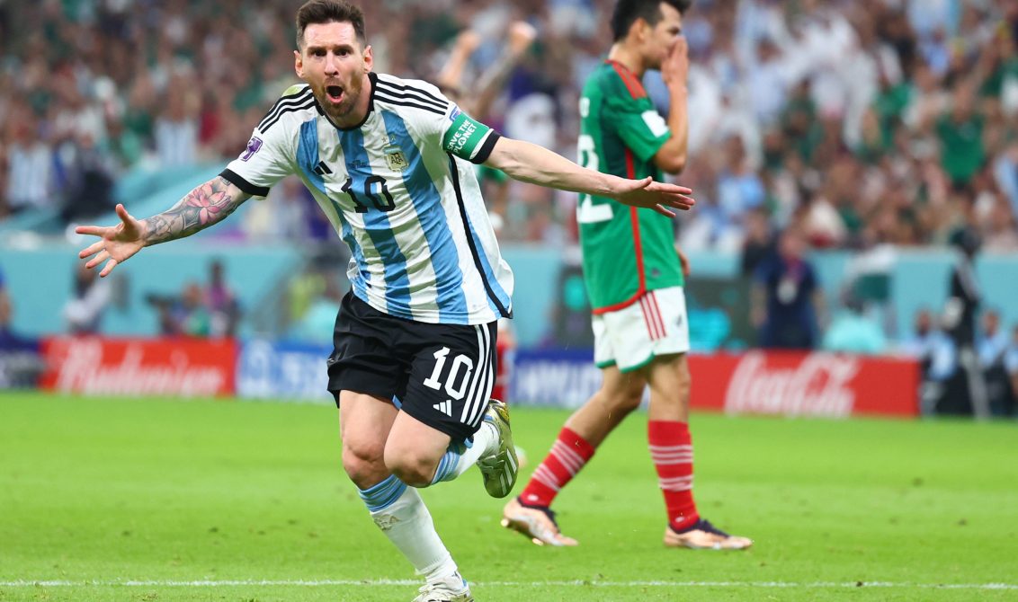 26 November 2022, Qatar, Lusail: Argentina's Lionel Messi celebrates scoring his side's first goal during the FIFA World Cup Qatar 2022 Group C soccer match between Argentina and Mexico at the Lusail Stadium. Photo: Tom Weller/dpa