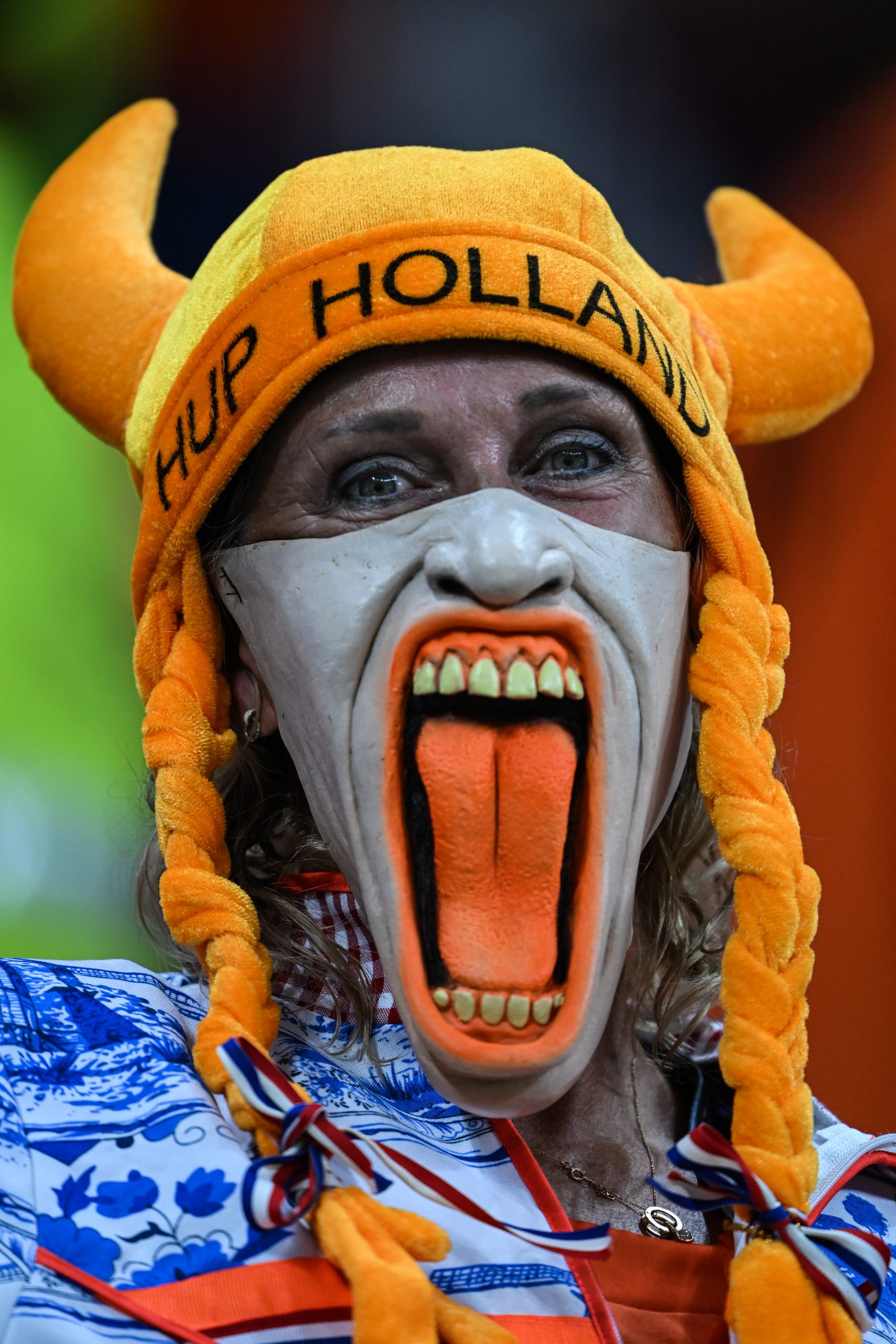 29 November 2022, Qatar, Al Khor: A costumed fan from the Netherlands is seen in teh stands prior to the start of the the FIFA World Cup Qatar 2022 Group A soccer match between the Netherlands and Qatar at Al Bayt Stadium. Photo: Robert Michael/dpa