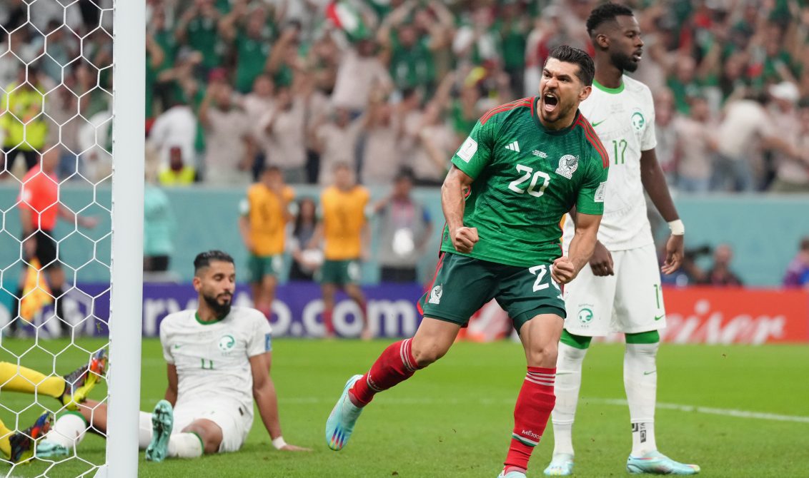 30 November 2022, Qatar, Lusail: Mexico's Henry Martin celebrates scoring his side's first goal during the FIFA World Cup Qatar 2022 Group C soccer match between Saudi Arabia and Mexico at the Lusail Stadium. Photo: Nick Potts/PA Wire/dpa