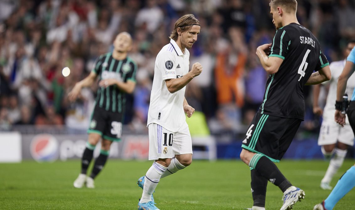 02 November 2022, Spain, Madrid: Real Madrid's Luka Modric celebrating scoring his side's first goal during the UEFA Champions League group F soccer match between Real Madrid and Celtic FC at Santiago Bernabeu Stadium. Photo: Ruben Albarran/ZUMA Press Wire/dpa