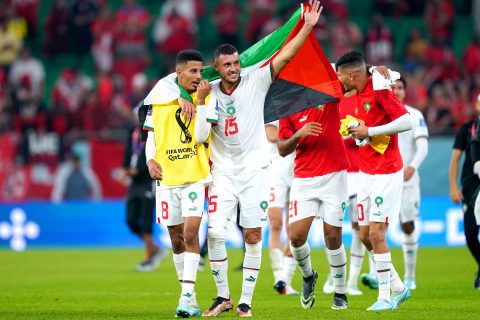 01 December 2022, Qatar, Doha: Morocco's Azzedine Ounahi (L) and Selim Amallah celebrate at the end of the FIFA World Cup Qatar 2022 Group F soccer match between Canada and Morocco at Al Thumama Stadium. Photo: Mike Egerton/PA Wire/dpa