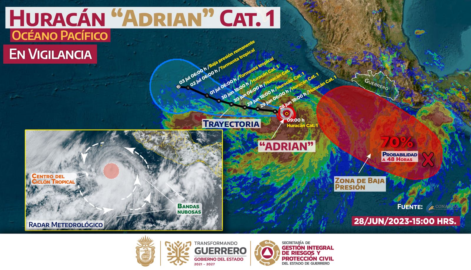 Tormenta «Adrián» evoluciona a huracán categoría 1, informa PC estatal
