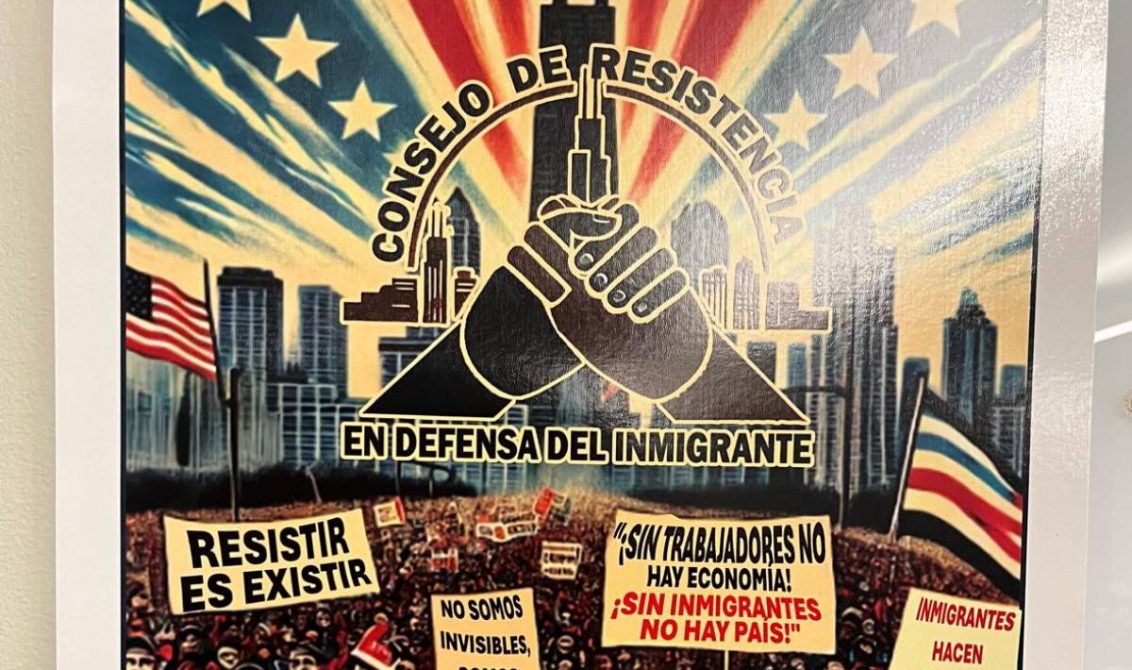 Uno de los carteles que circulan en las calles de Chicago para llamar a la marcha del Primero de Mayo que tiene como consigna la defensa de los derechos de los migrantes t Foto: Manuel Martínez Santamaría