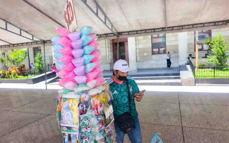 Un vendedor de dulces de Chilpancingo ve el partido México-Sudáfrica en su celular, ante la demora de la instalación de la pantalla y las fallas de internet en el zócalo. Foto: Jessica Torres